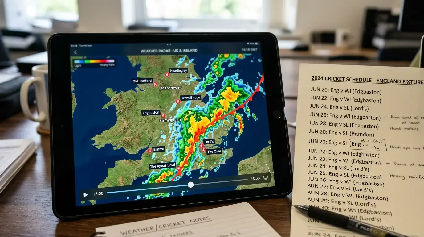 Weather radar showing rain systems affecting multiple cricket grounds simultaneously
