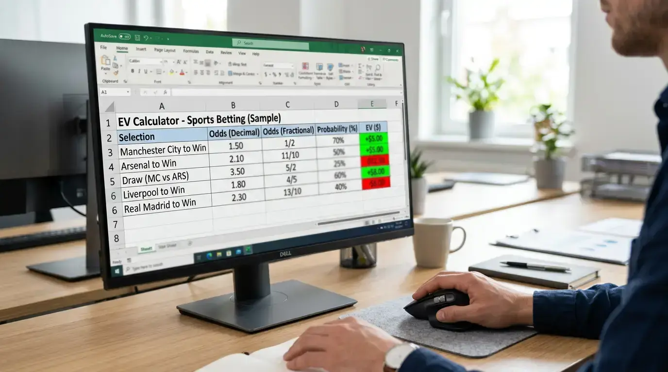 Cricket betting analyst evaluating expected value of accumulator legs on spreadsheet