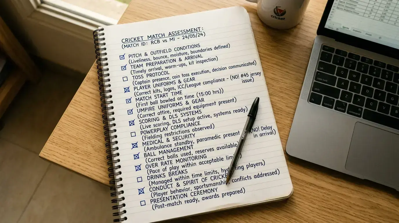 Cricket match assessment checklist used for evaluating accumulator leg quality
