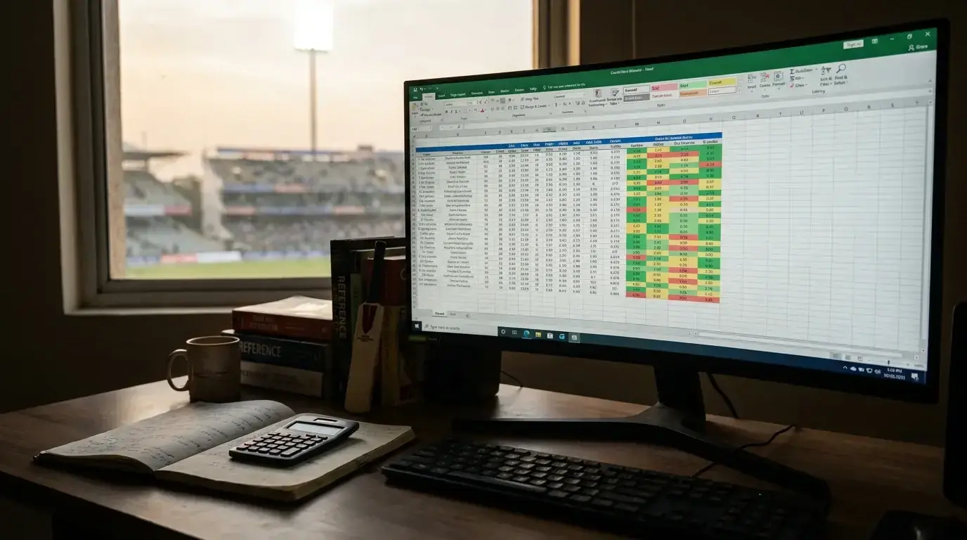 Disciplined cricket betting workspace showing organised tracking system and structured staking approach