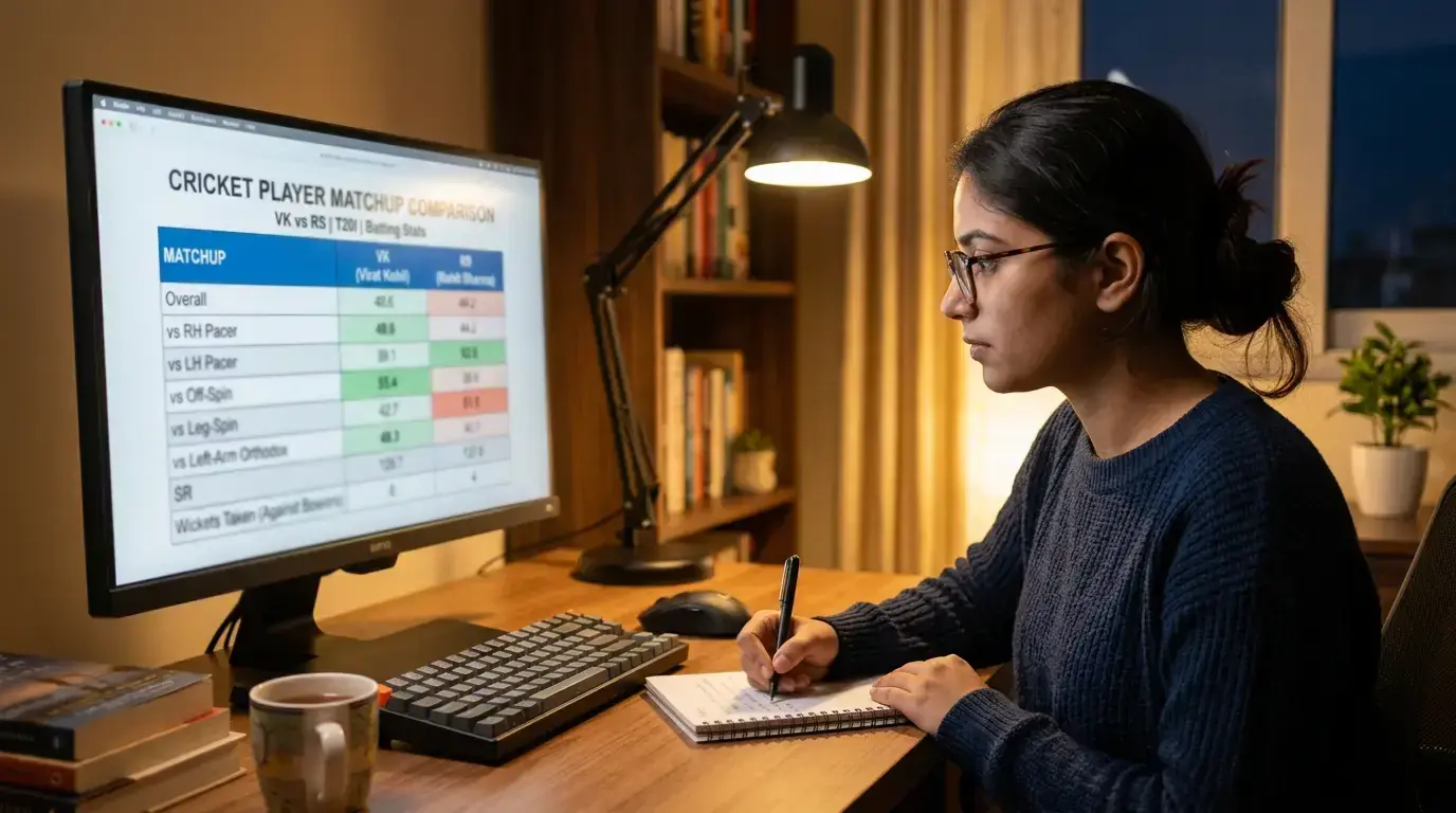 Cricket analyst studying batsman versus bowler matchup data for player performance prediction