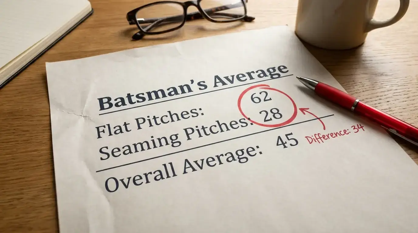 Cricket batting average comparison showing dramatic performance split between flat and seaming pitches