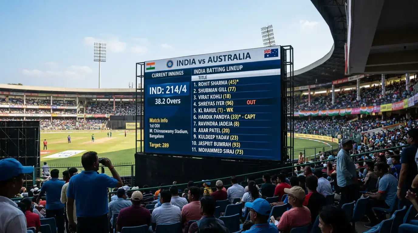 Cricket team sheet displayed on venue screen confirming batting order before match start