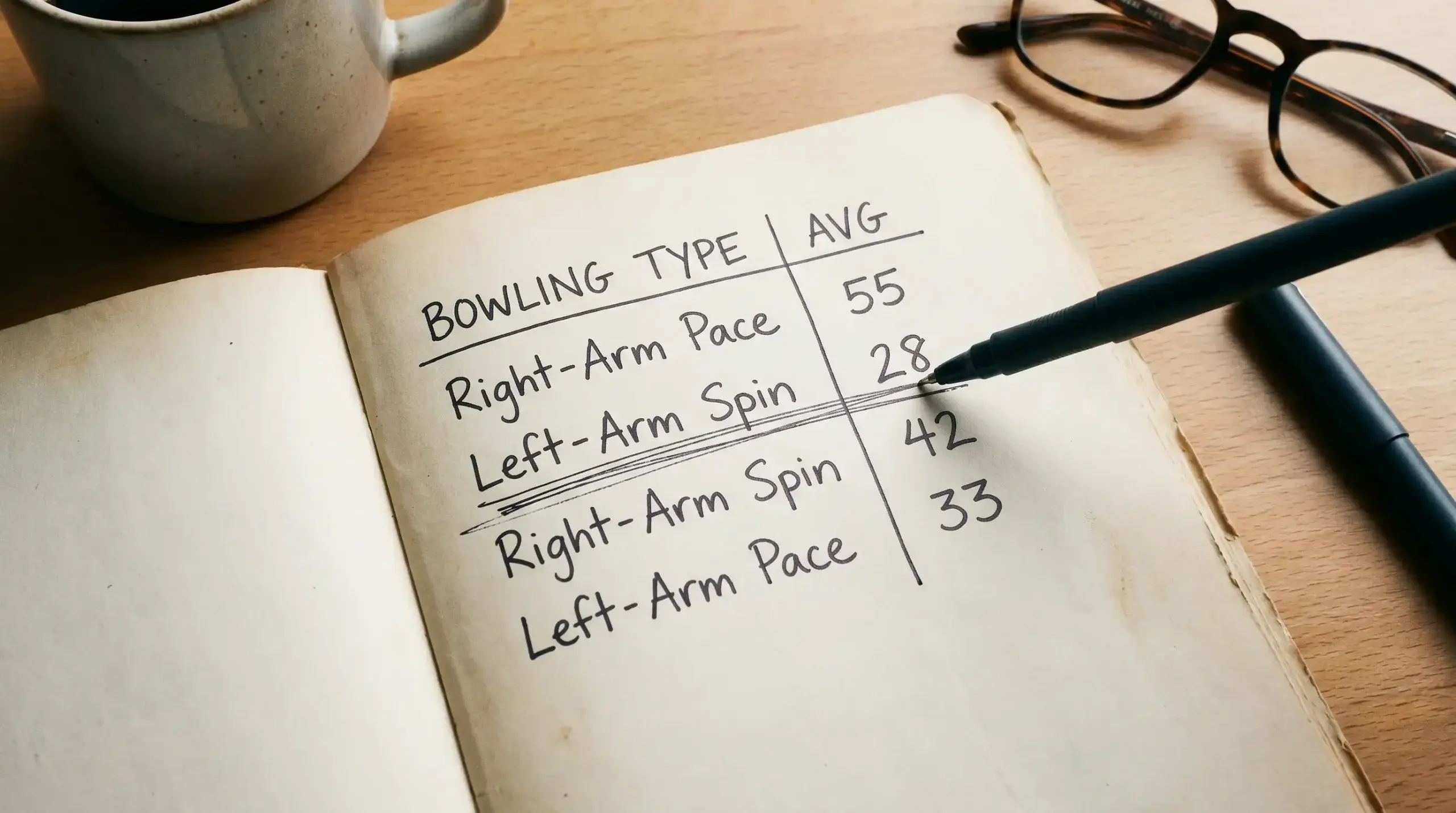 Cricket batsman performance data split by opposition bowling type showing specific vulnerabilities