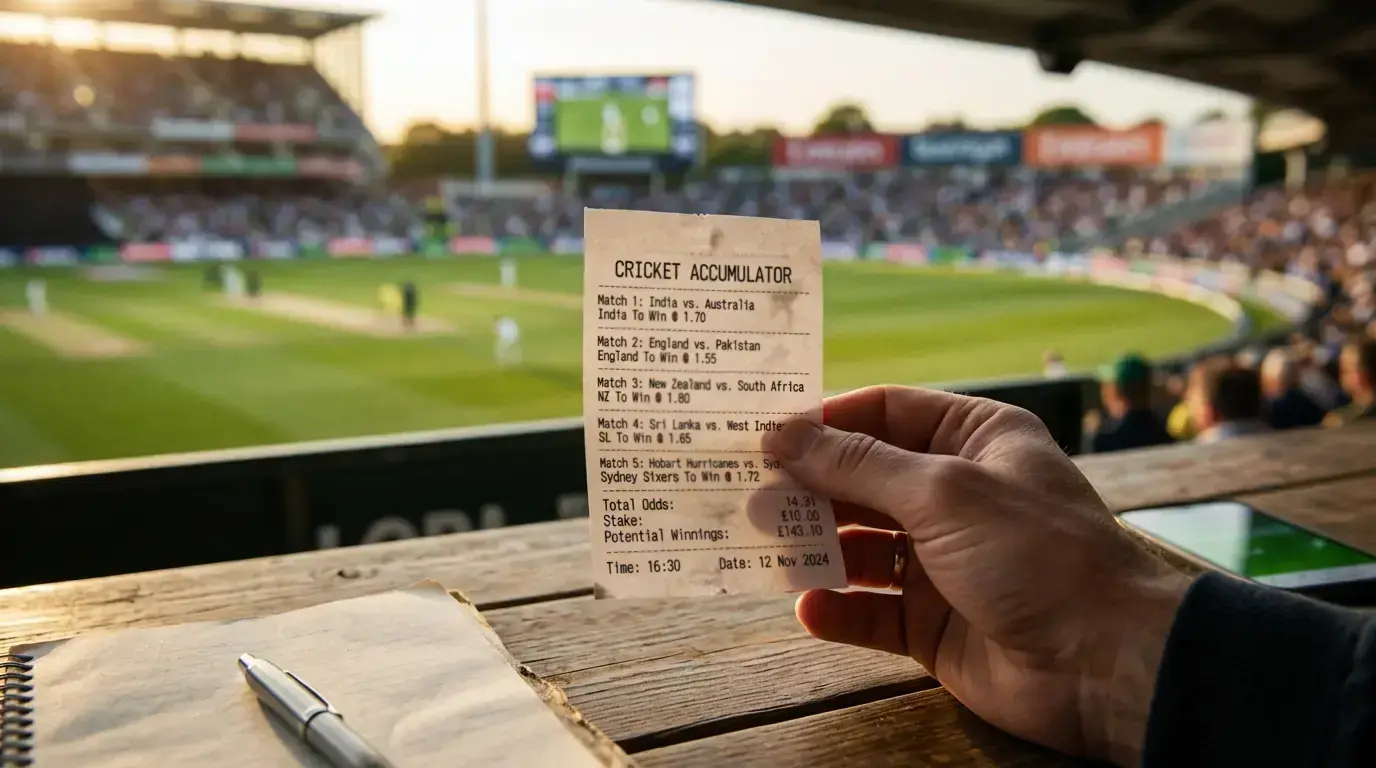 Cricket accumulator bet slip showing multiple match selections and combined odds calculation