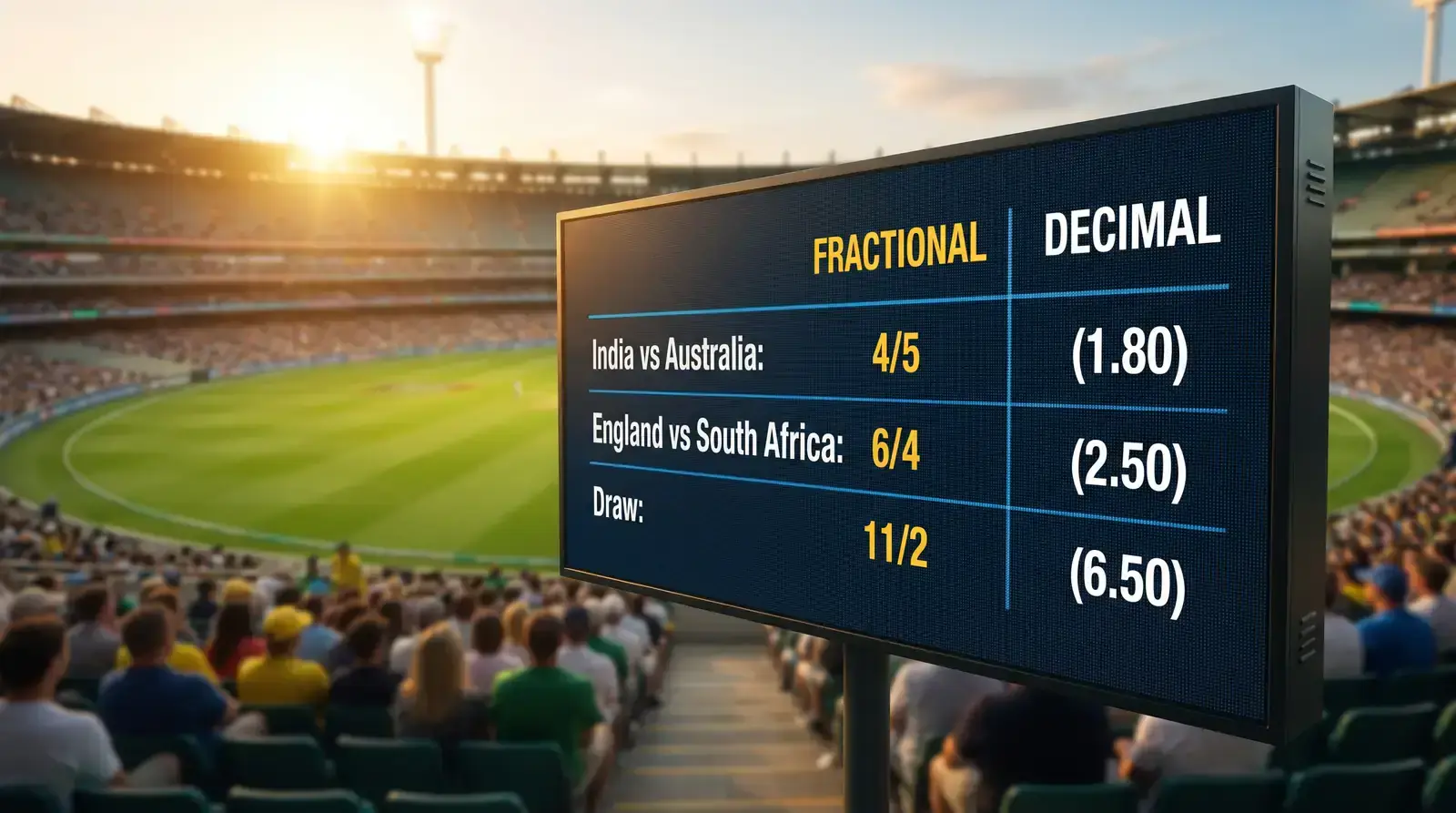 Cricket betting odds display showing fractional and decimal formats with clear comparison layout