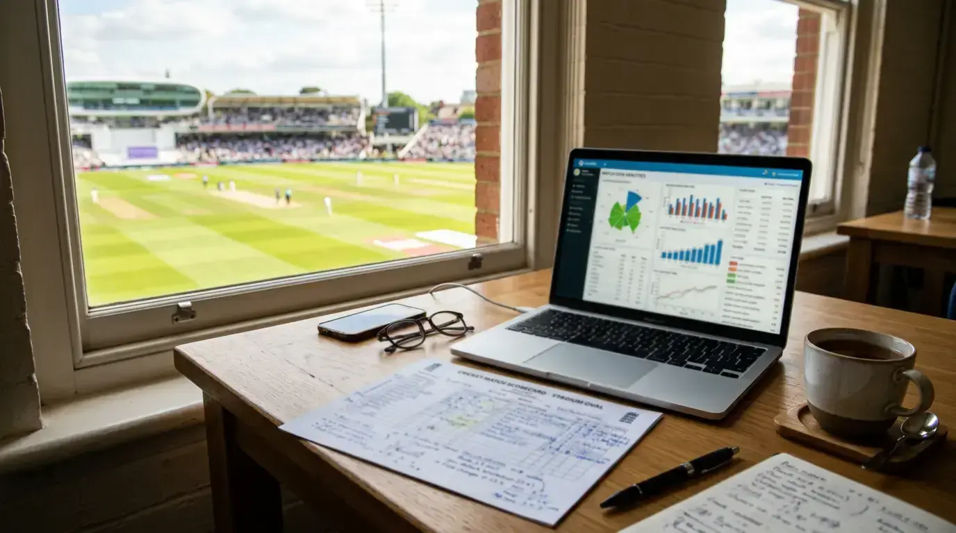 Cricket betting strategy analytical frameworks showing statistical match data on a desk with cricket pitch in the background