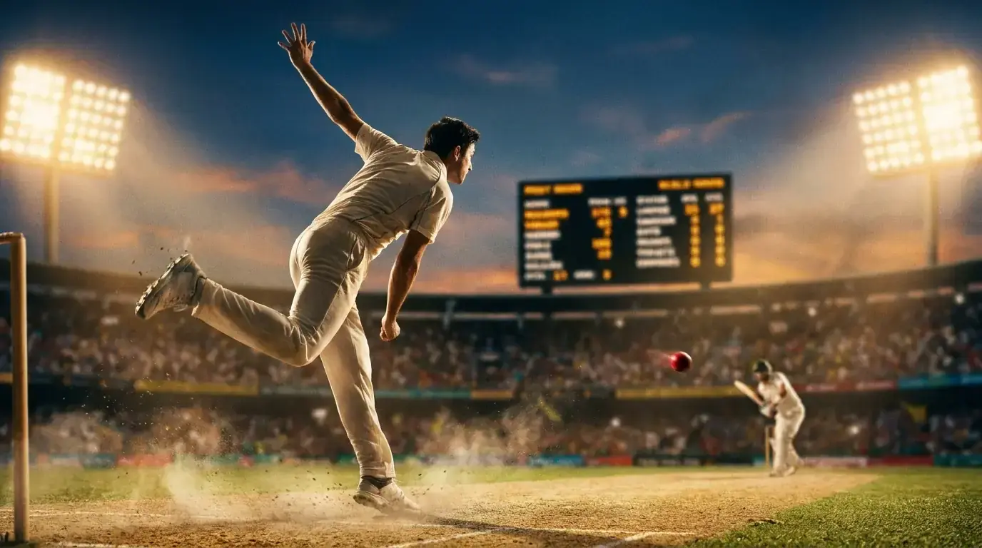 Cricket fast bowler in delivery stride showing bowling action that drives top bowler market outcomes