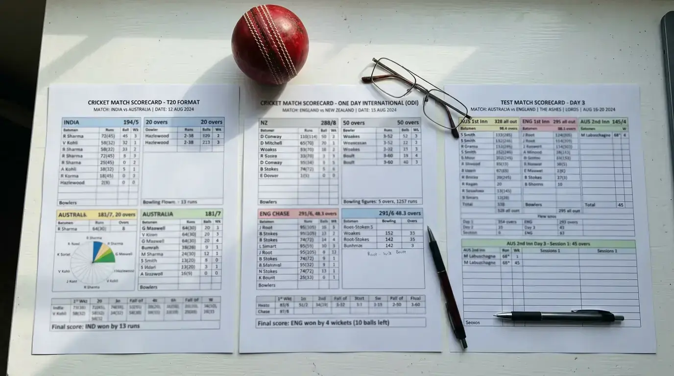Side-by-side comparison of T20 ODI and Test cricket format statistics relevant to betting