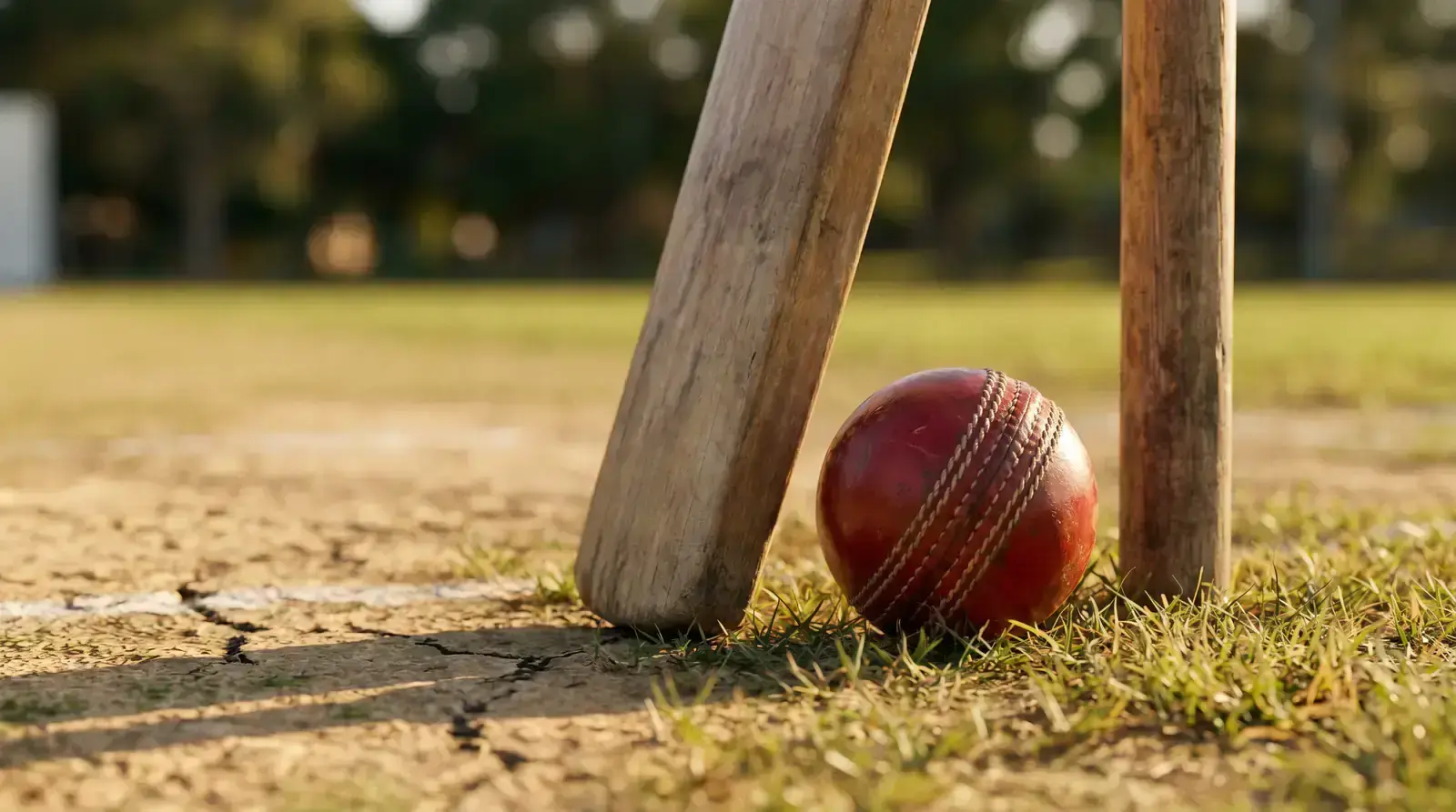 Close-up of a cricket bat resting against stumps with a red ball on a well-maintained grass pitch