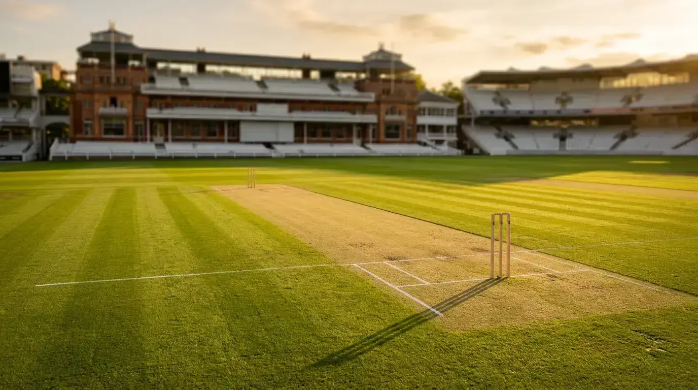 Cricket pitch with analytical data overlay representing statistical approach to match betting