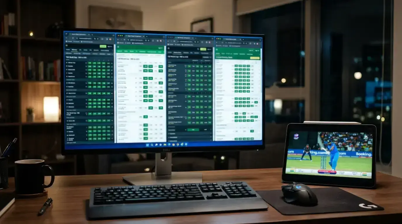 Multiple browser tabs open on a desktop monitor showing cricket match odds from different bookmakers