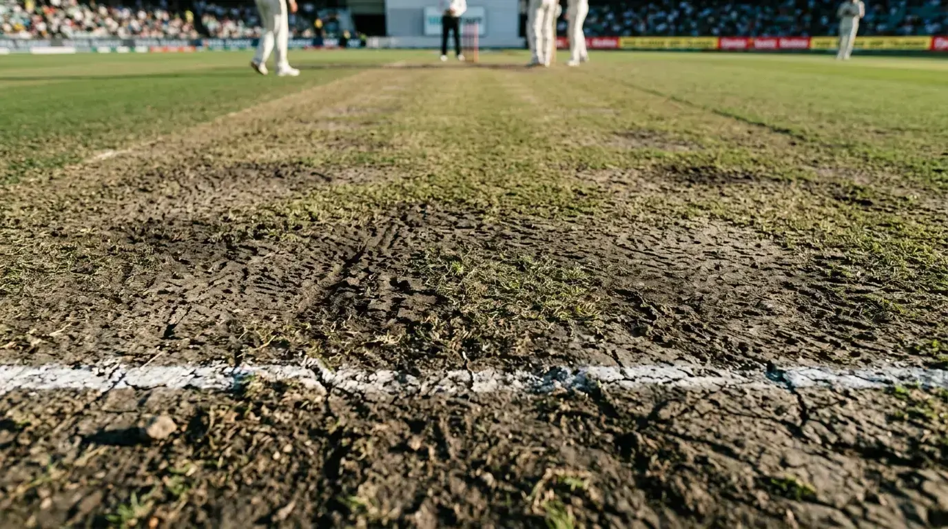 Close-up of cricket pitch surface showing soil texture grass coverage and condition characteristics