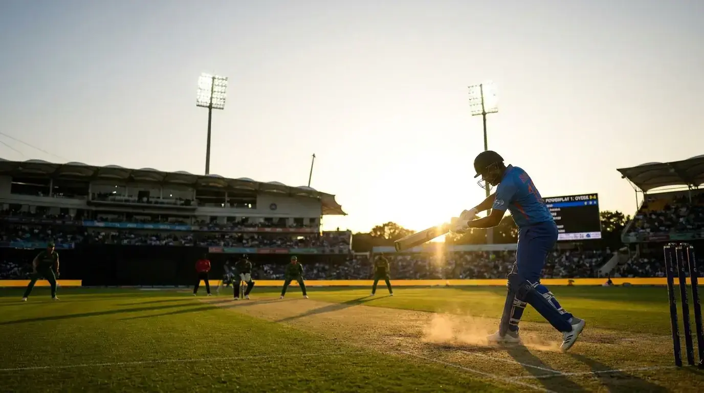 Cricket powerplay phase action with fielding restrictions showing aggressive batting during first six overs