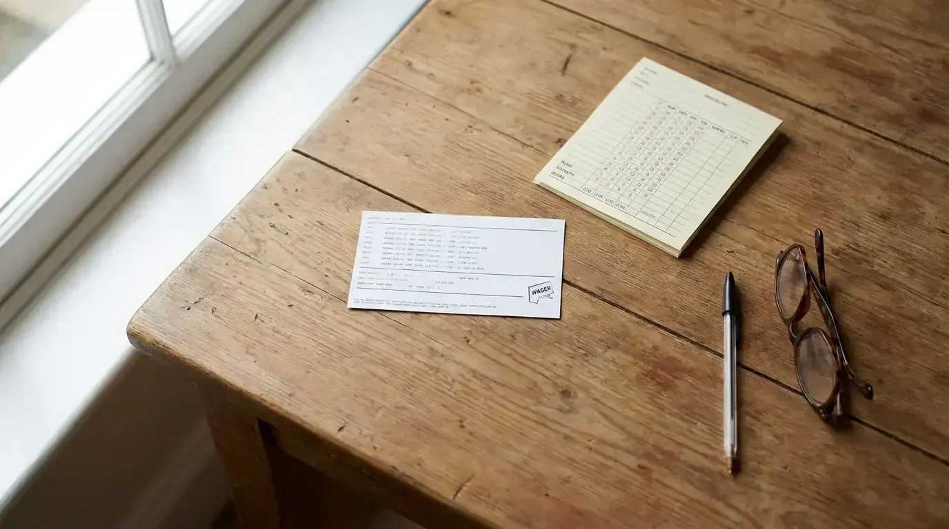 Betting slip on a table next to a cricket scorecard and pen