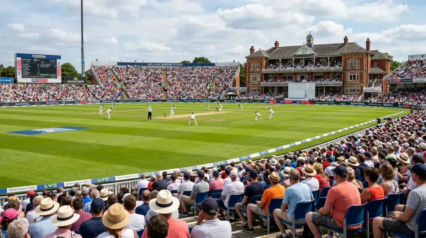 Packed cricket ground in England with spectators watching a match under partly cloudy skies
