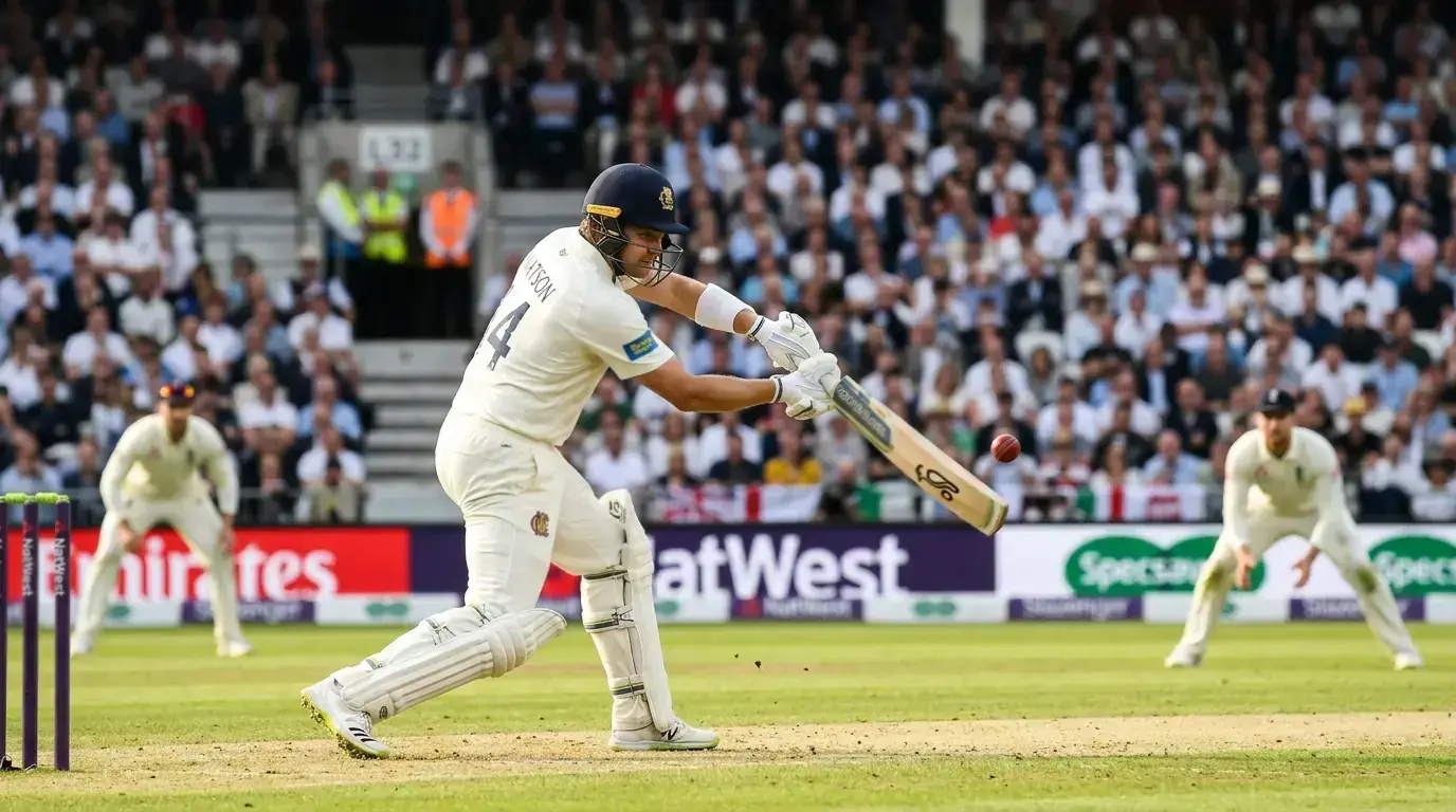 Cricket batsman playing cover drive in Test match demonstrating top scorer market conditions