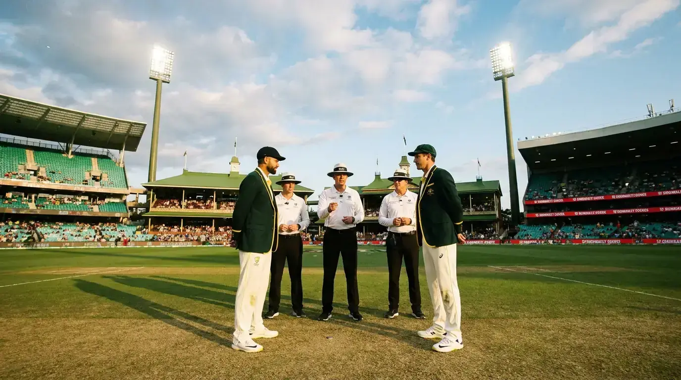 Cricket captains at centre pitch for coin toss ceremony with match officials and ground conditions visible
