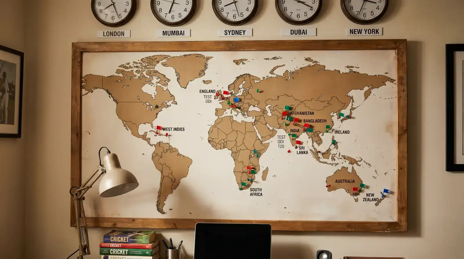 World map showing global cricket calendar with matches available across all time zones year-round