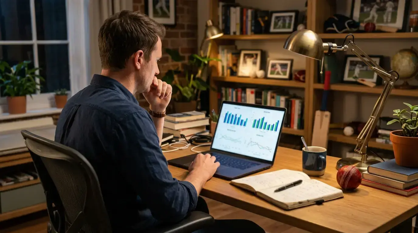 Cricket analyst reviewing statistical data on a laptop with match performance charts
