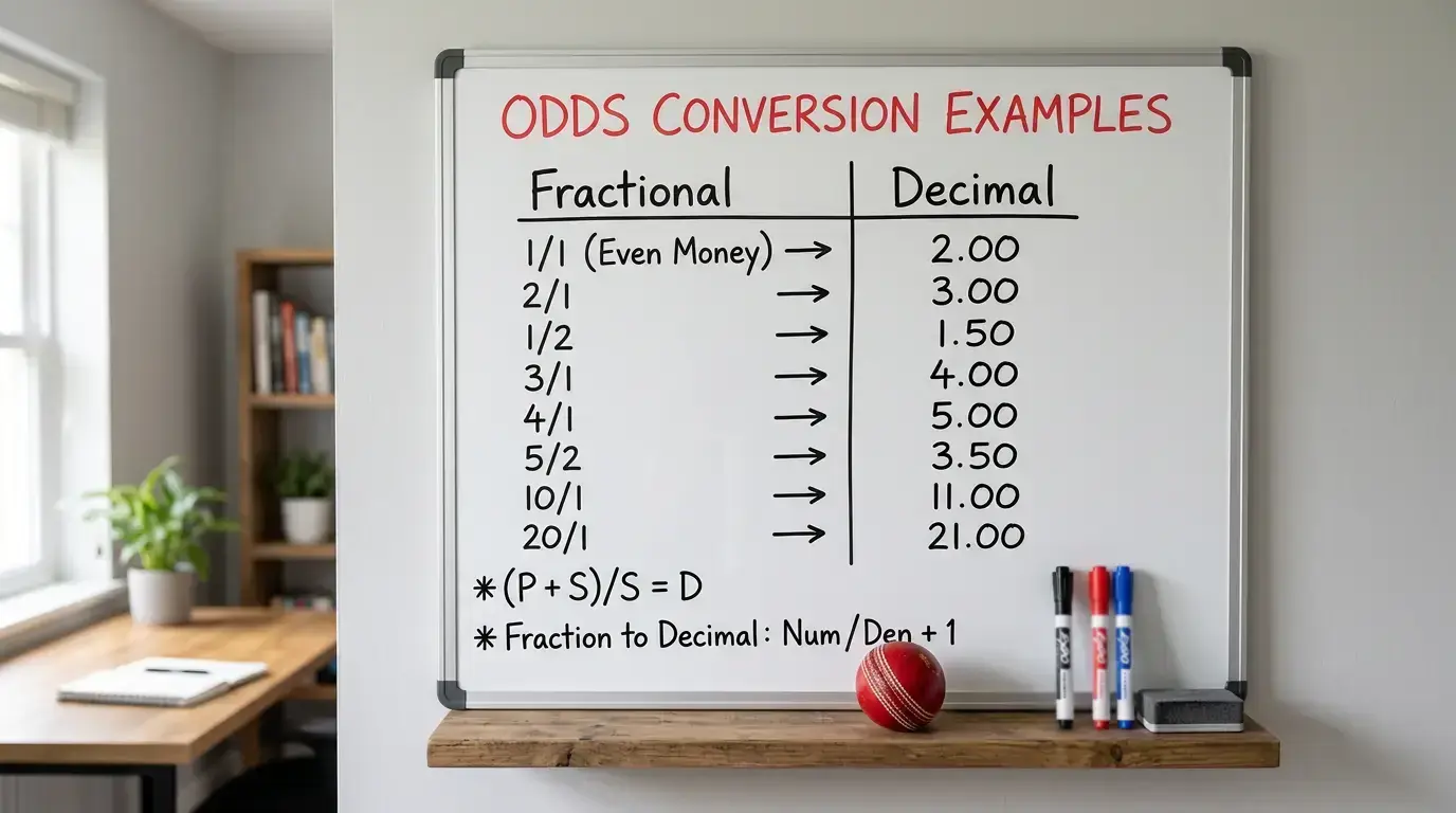 Decimal and fractional odds formats displayed for a cricket match with conversion examples