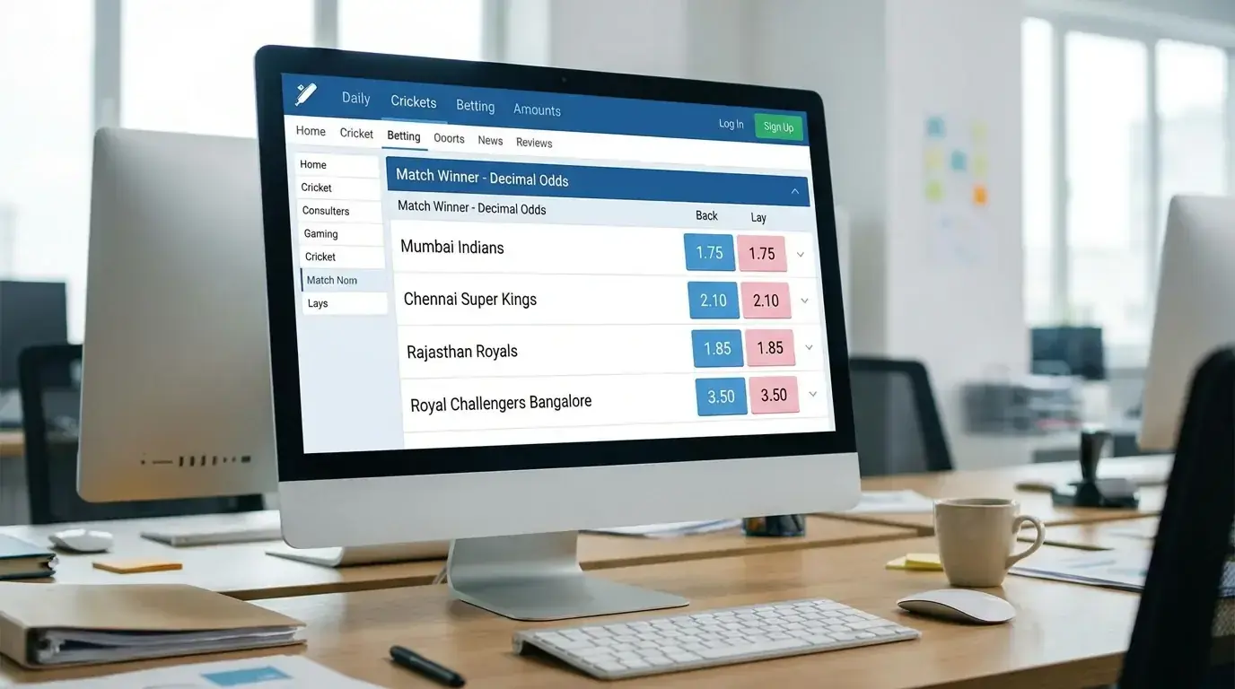 Online cricket betting platform displaying decimal odds format for match winner market