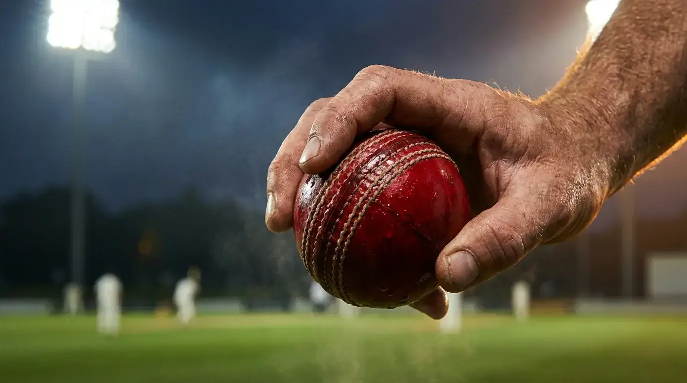 Cricket bowler struggling to grip wet ball affected by evening dew during floodlit match