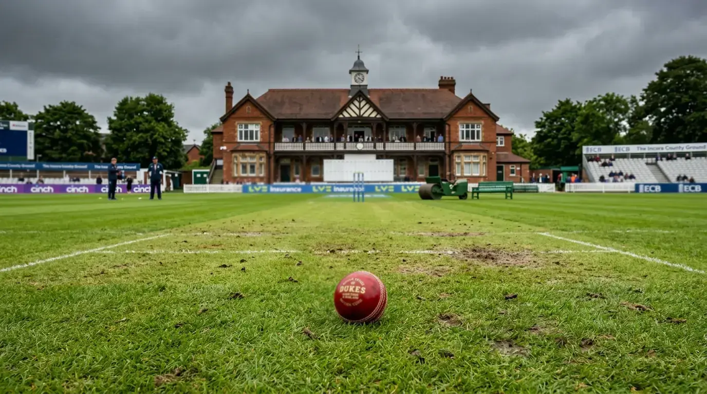 English cricket pitch with green tinge and visible moisture showing seam bowling conditions