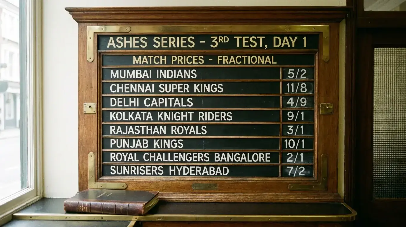 Traditional UK bookmaker odds board displaying cricket match prices in fractional format