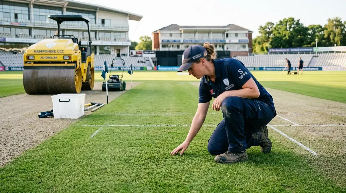 Cricket groundsman inspecting green top pitch before match showing grass coverage assessment