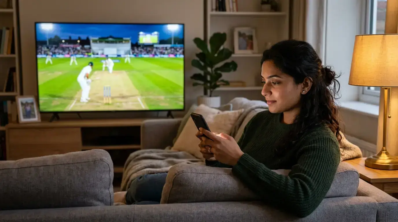 Beginner learning how to bet on cricket with a mobile phone showing odds and a cricket match on screen