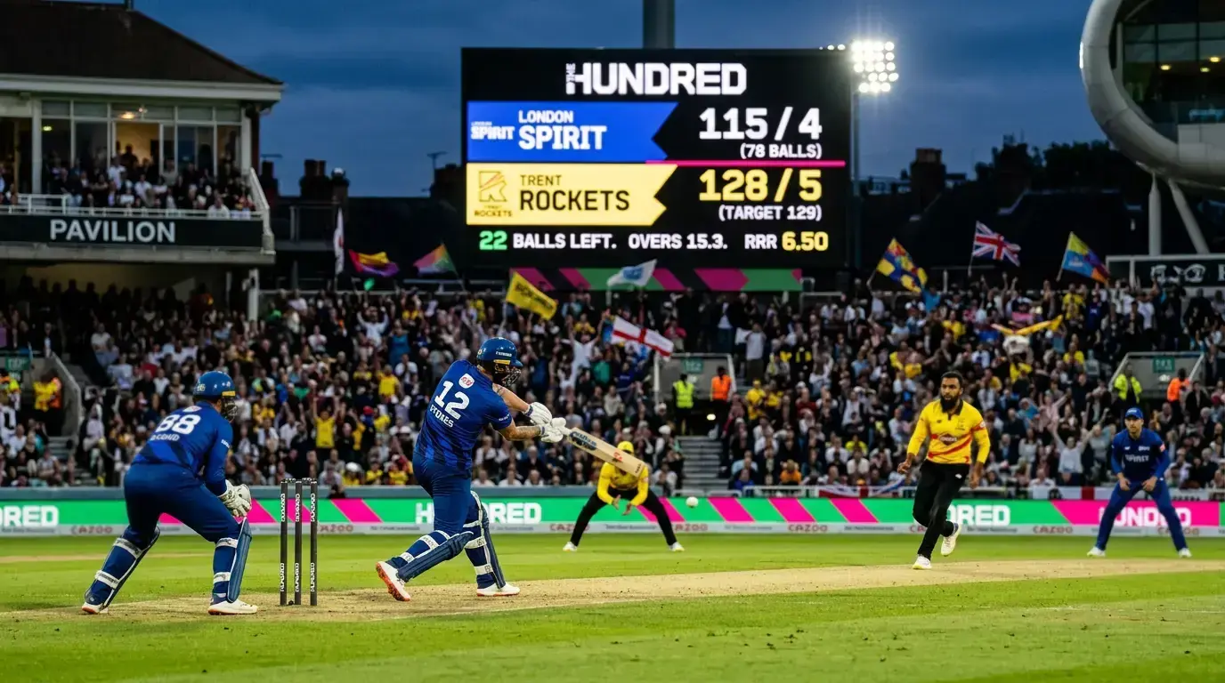 The Hundred cricket match at English ground showing 100-ball format scoreboard and franchise colours