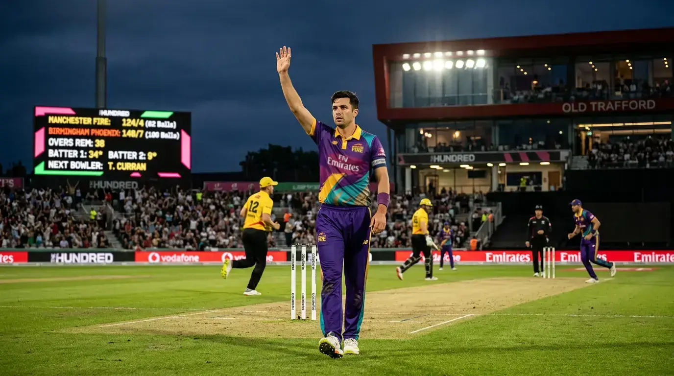 Cricket fielding captain signalling bowling change during Hundred format match