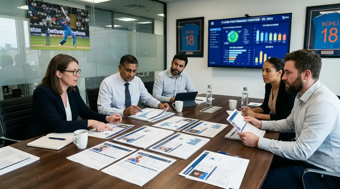 Cricket franchise coaching staff reviewing overseas player options during draft selection process
