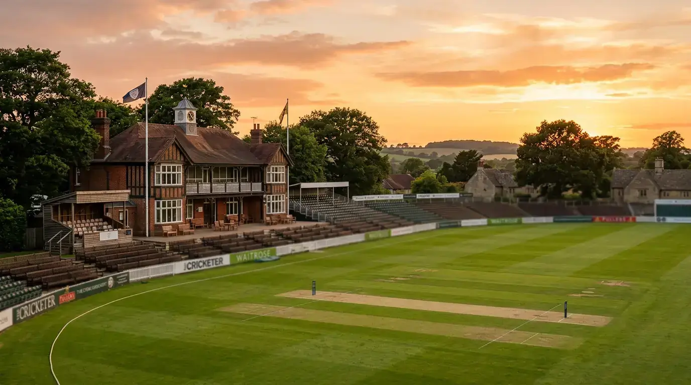 English cricket ground at sunset showing distinctive venue characteristics for Hundred matches