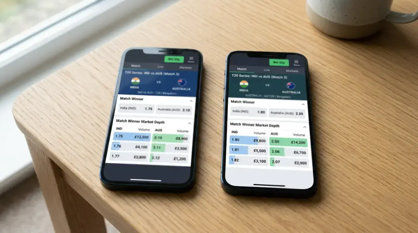 Mobile phone screens comparing cricket betting odds across different UK bookmaker apps