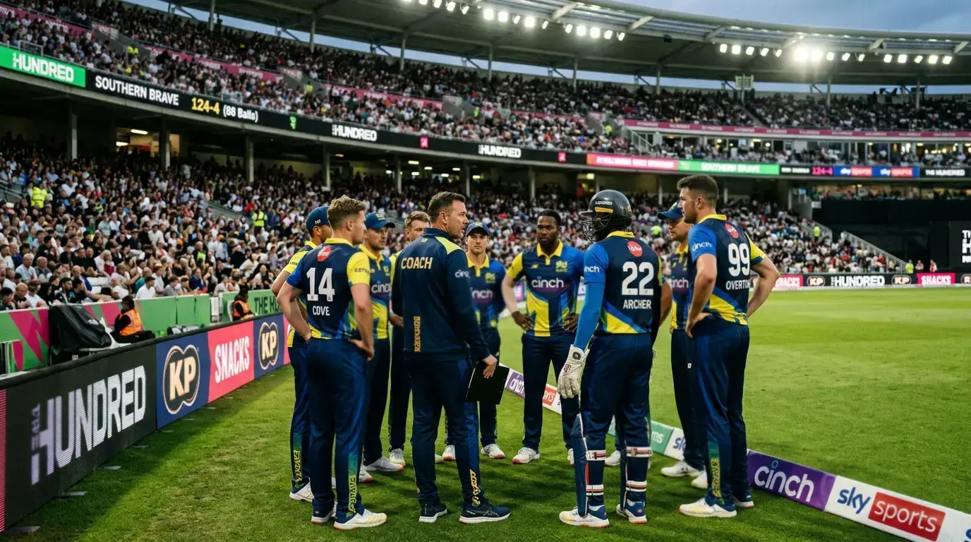 Hundred cricket strategic timeout with players grouped near boundary during tactical break