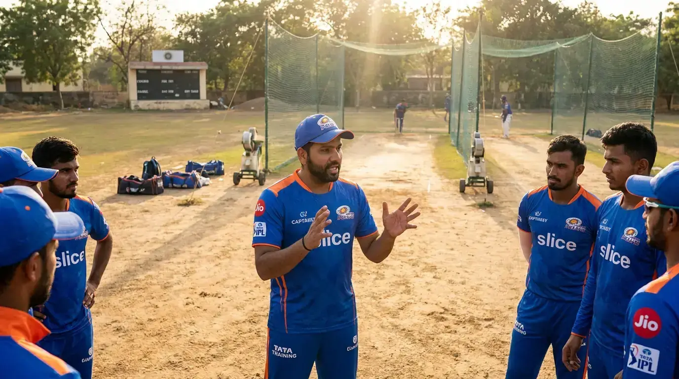Cricket captain leading team strategy discussion on field during IPL practice session