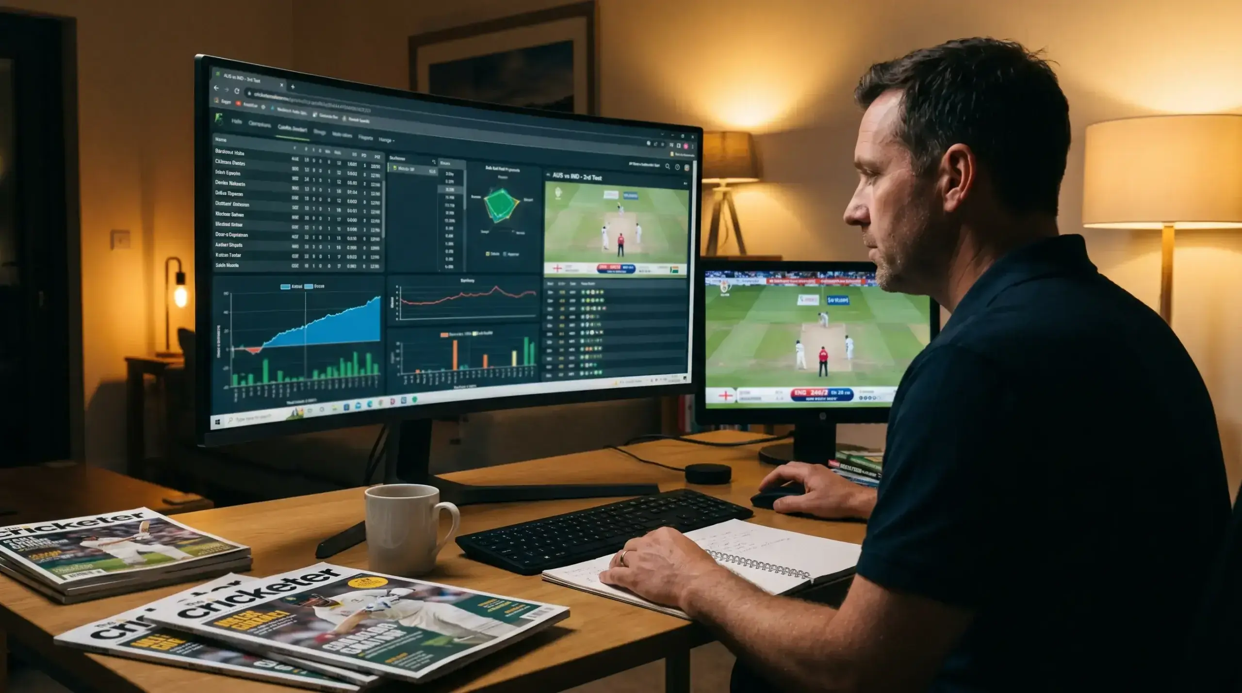 Cricket data analysis workspace showing ball-by-ball statistics and player performance metrics on screen