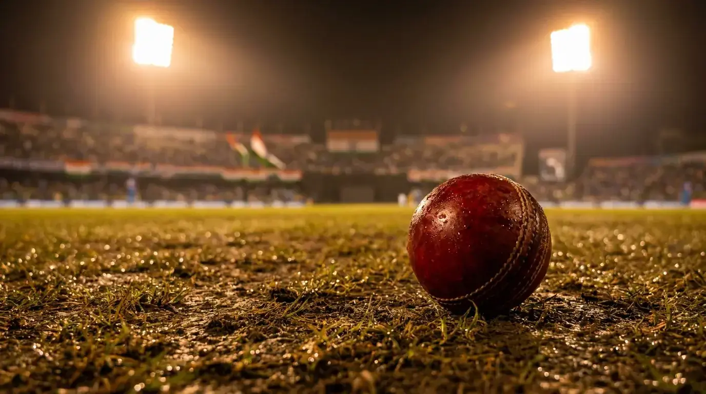 Cricket pitch under floodlights showing visible dew moisture affecting ball grip and bowling conditions