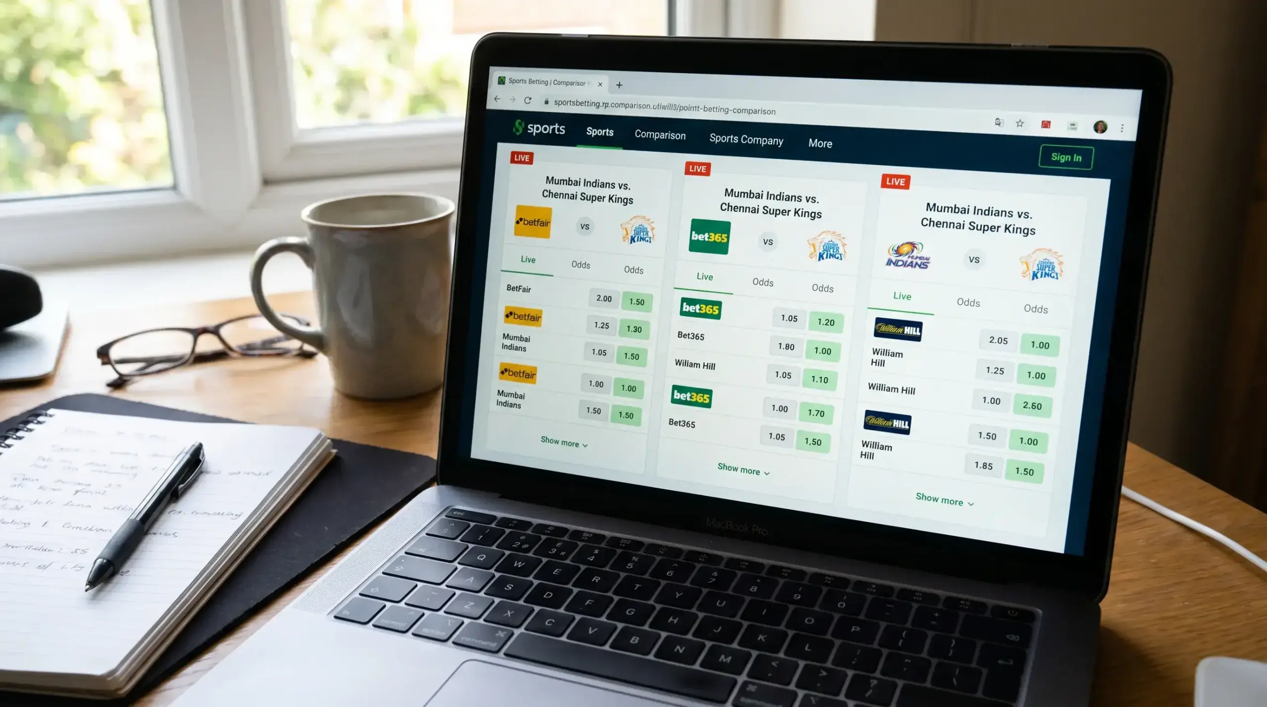 Multiple bookmaker screens showing IPL match odds and market depth comparison