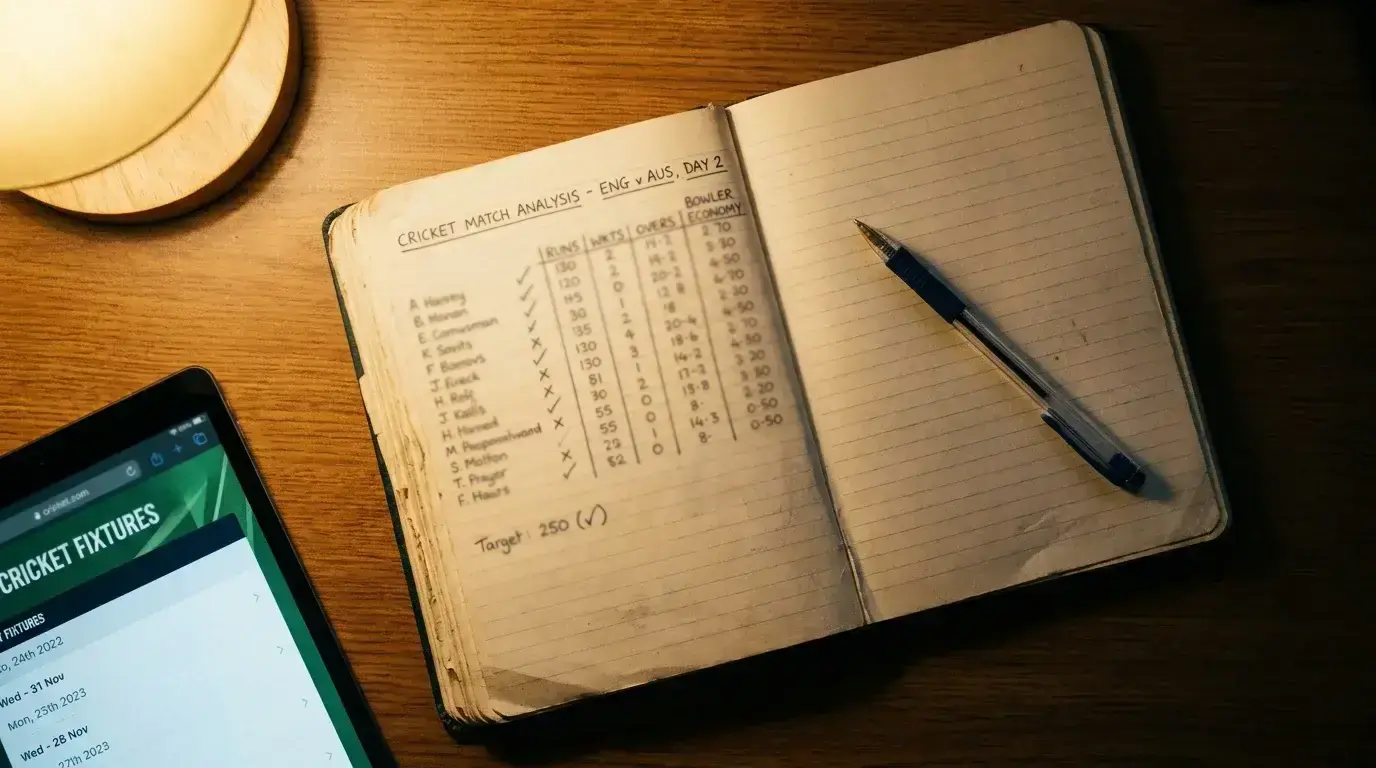 Cricket betting analysis journal showing season-long tracking notes and match assessment records