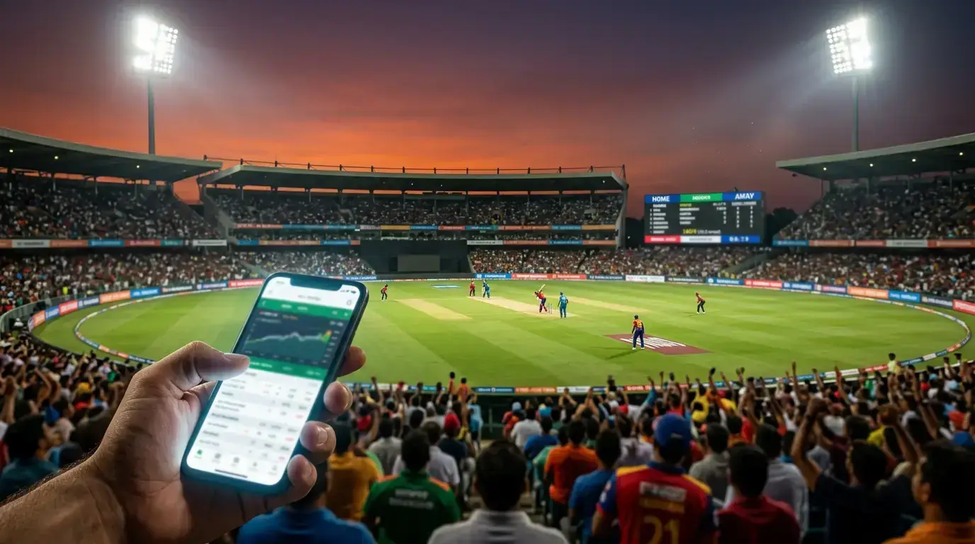 Live cricket betting in-play action with a T20 match underway and shifting odds displayed on a device
