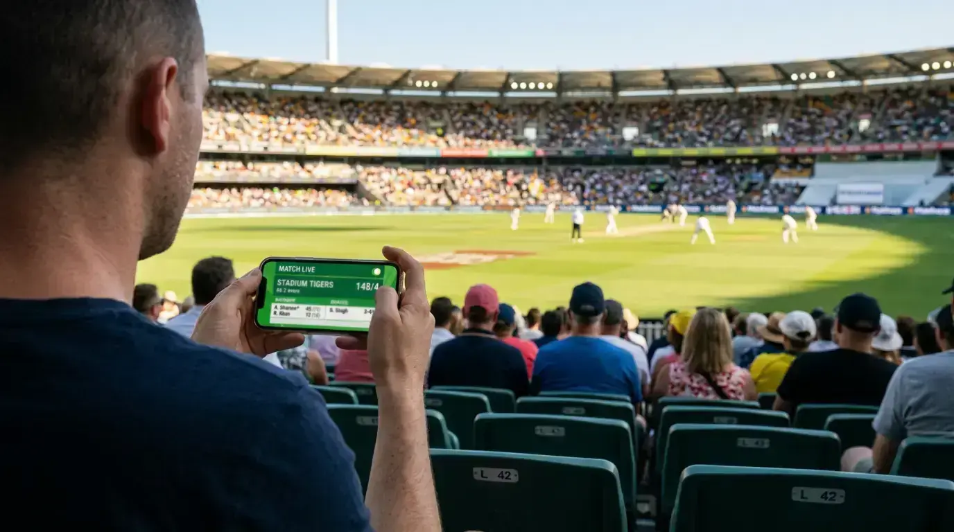 Person holding a smartphone showing live cricket match scores in a stadium setting
