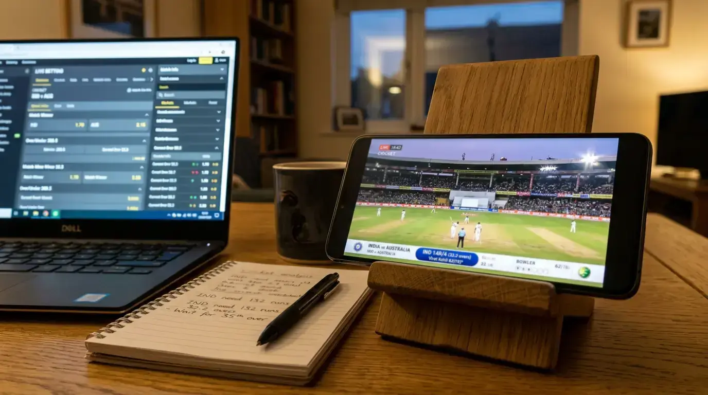 Live streaming of a cricket match within a bookmaker app alongside in-play betting markets