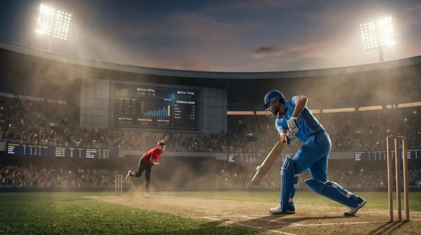 Cricket match scene showing both full-match outcome and individual session scoring perspectives