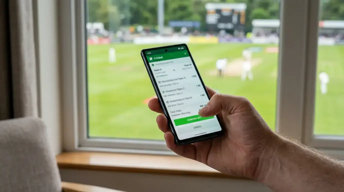 Person placing a cricket bet on a mobile phone with match information visible on screen