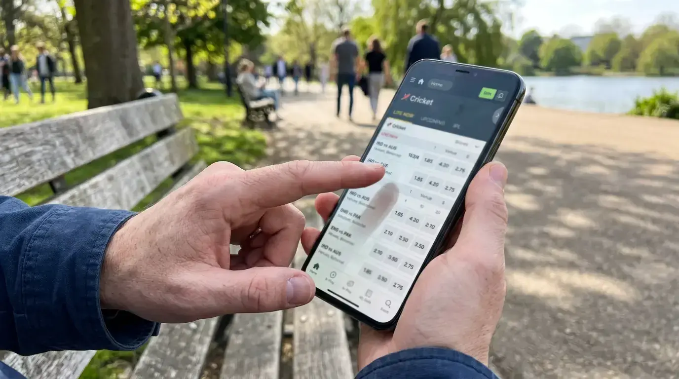 Mobile cricket betting app experience showing clean interface with live match data