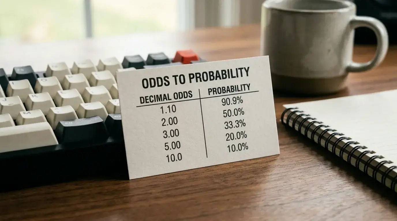 Quick reference conversion card showing odds to implied probability calculations for cricket bets