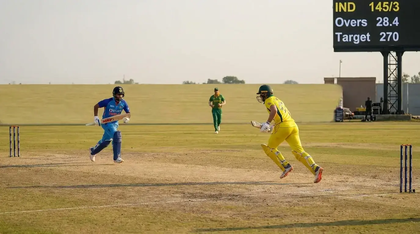 ODI cricket middle overs phase showing steady run accumulation that determines total runs outcome